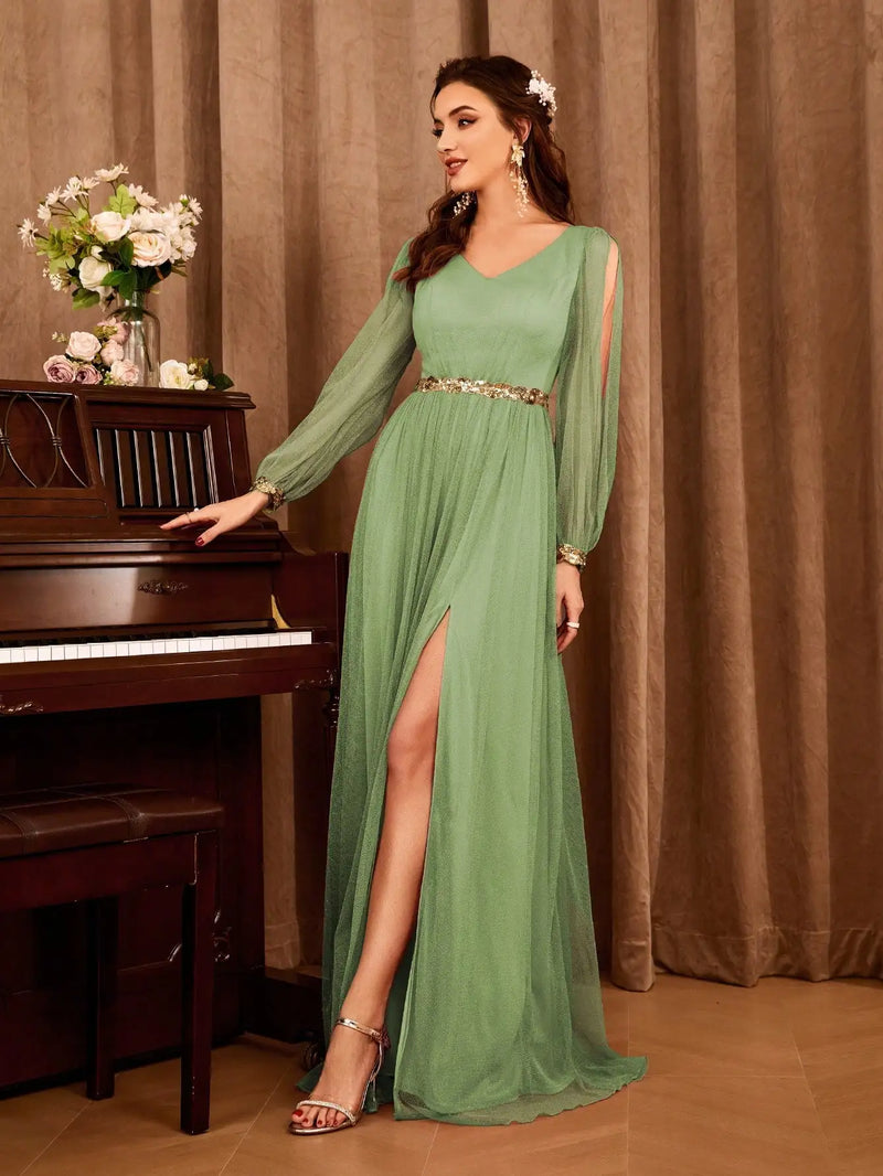 VESTIDO DE FESTA COM DECOTE EM V