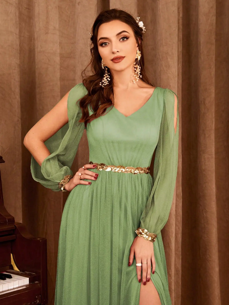 VESTIDO DE FESTA COM DECOTE EM V